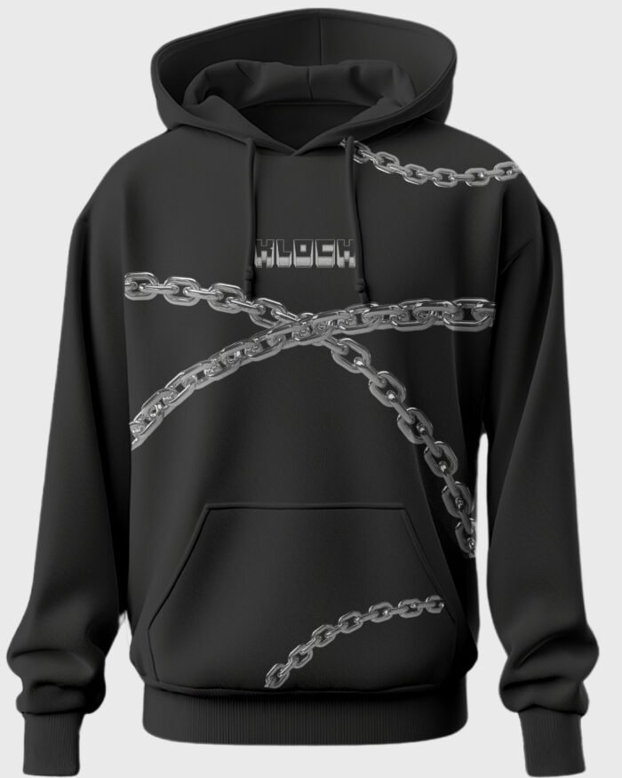 Black unisex cotton hoodie with metallic chain graphic and KLOCH branding 300 gsm streetwear style
