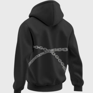 Black unisex cotton hoodie with metallic chain graphic and KLOCH branding 300 gsm streetwear style