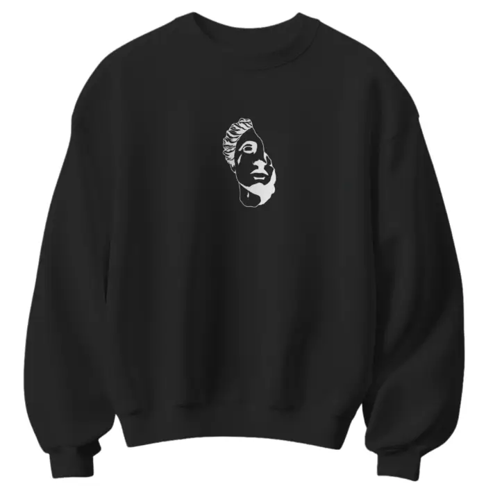 Black unisex cotton sweatshirt with abstract face front print and artistic hands back graphic 300 gsm streetwear style