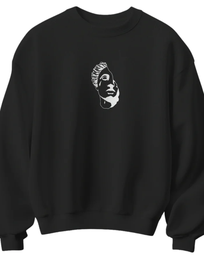Black unisex cotton sweatshirt with abstract face front print and artistic hands back graphic 300 gsm streetwear style