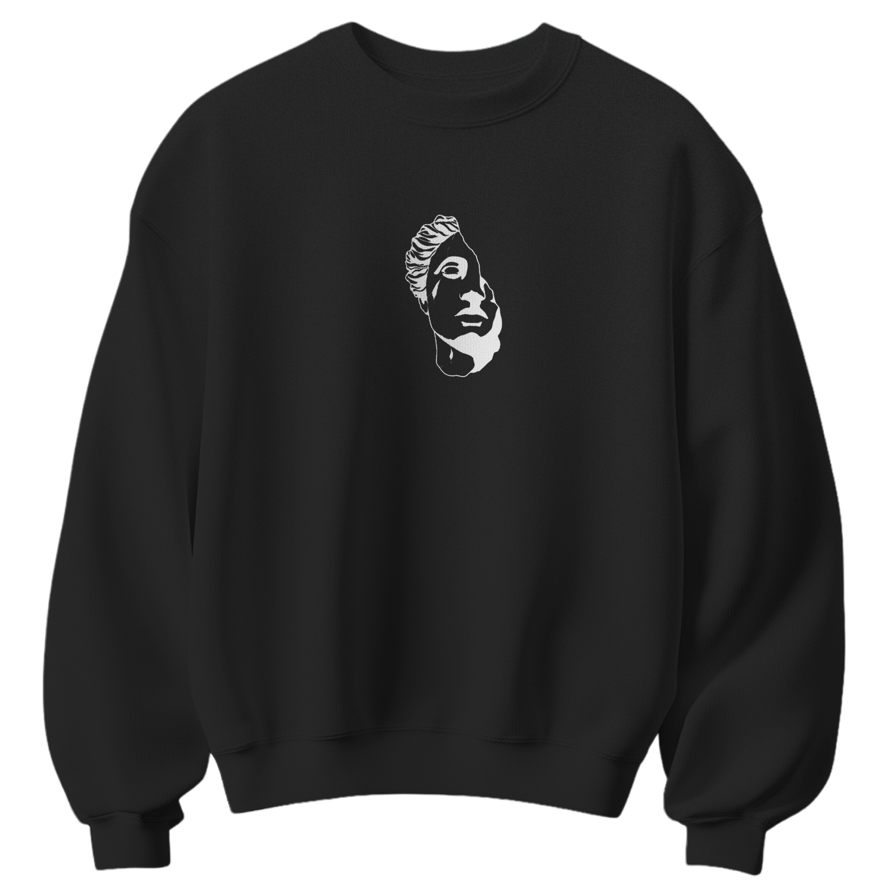 Black unisex cotton sweatshirt with abstract face front print and artistic hands back graphic 300 gsm streetwear style