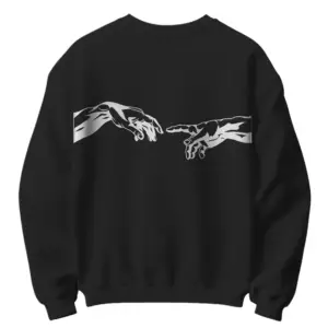 Black unisex cotton sweatshirt with abstract face front print and artistic hands back graphic 300 gsm streetwear style