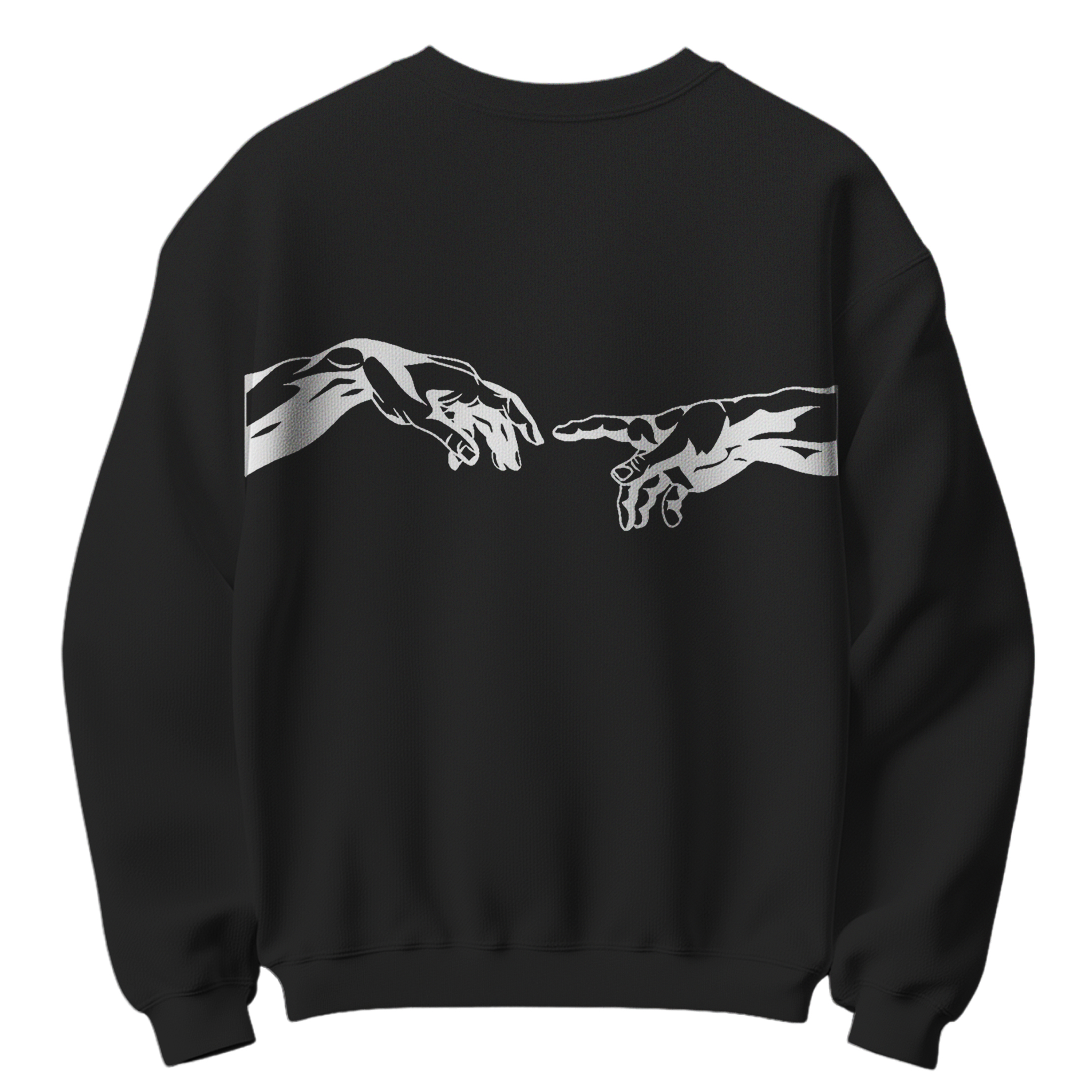 Black unisex cotton sweatshirt with abstract face front print and artistic hands back graphic 300 gsm streetwear style