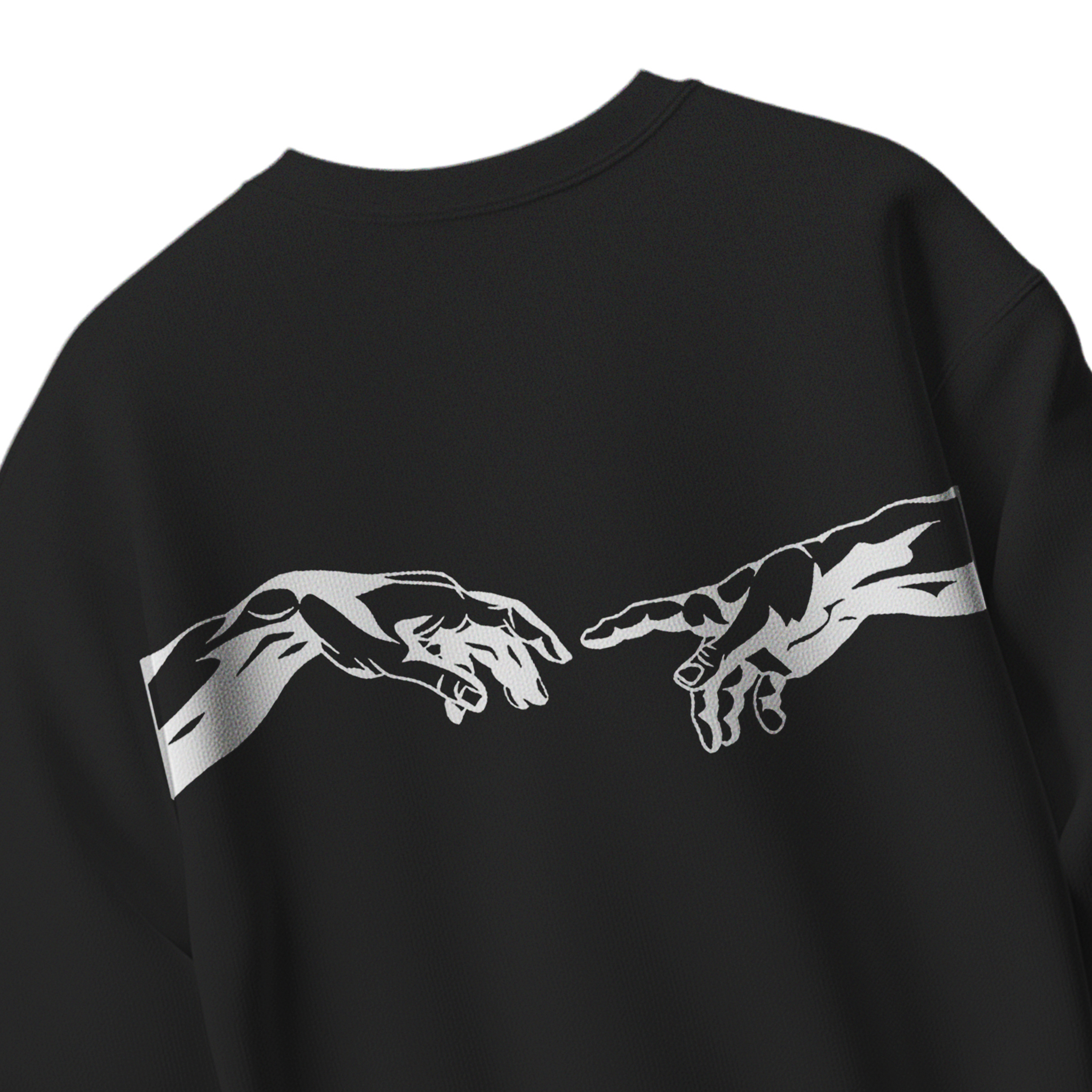 Black unisex cotton sweatshirt with abstract face front print and artistic hands back graphic 300 gsm streetwear style