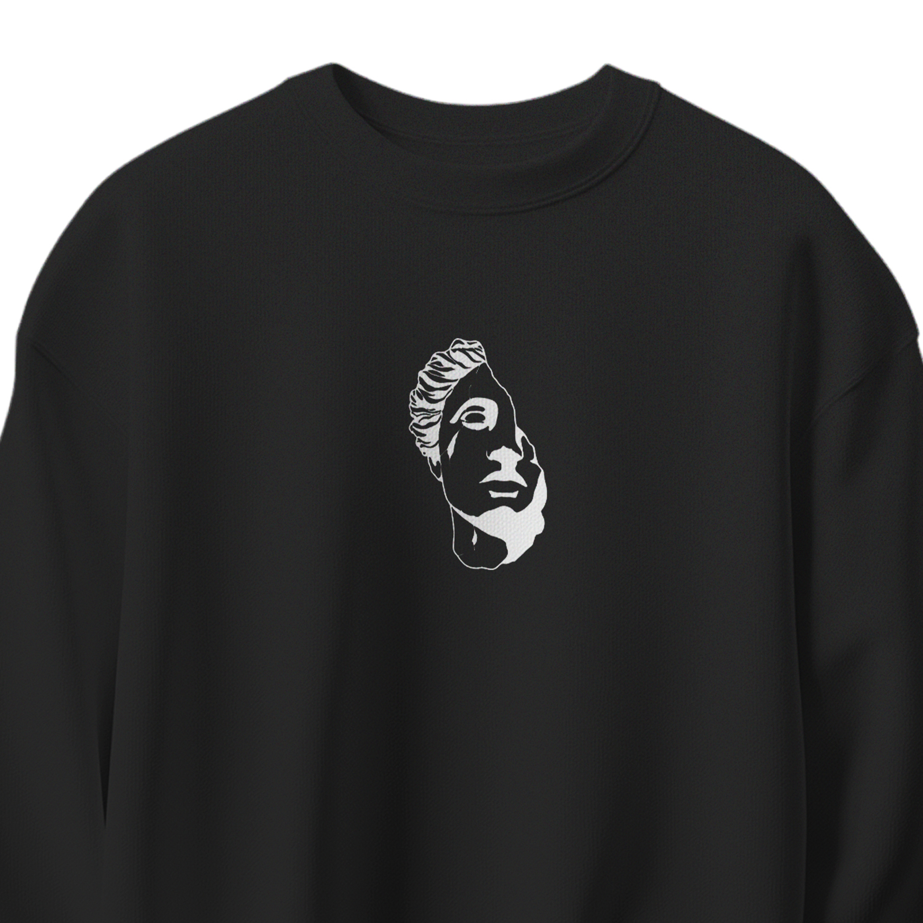 Black unisex cotton sweatshirt with abstract face front print and artistic hands back graphic 300 gsm streetwear style