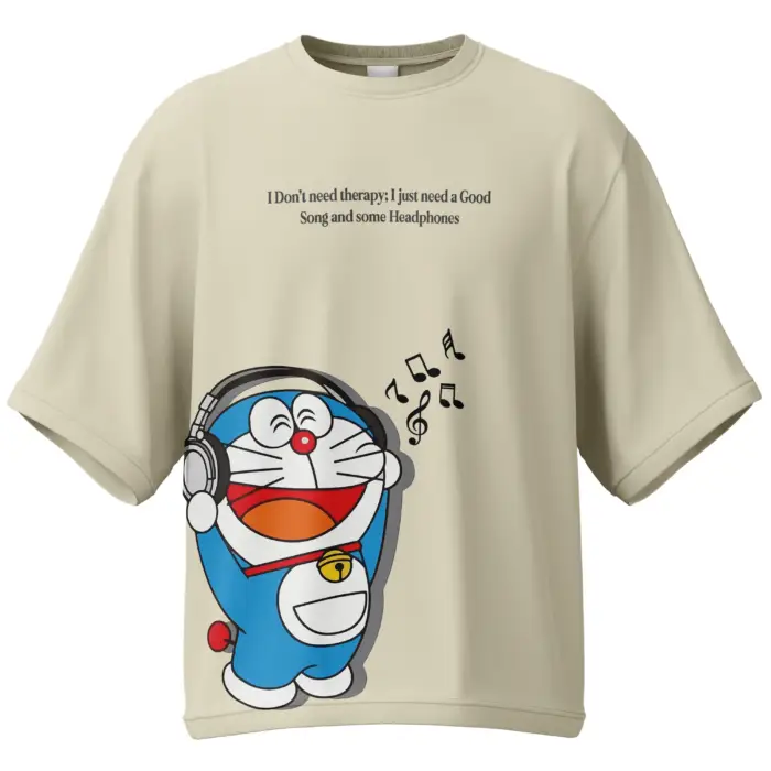 Off-white oversized unisex T-shirt with Doraemon-inspired music graphic and quote - KLOCH