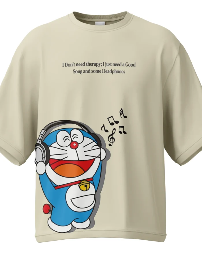 Off-white oversized unisex T-shirt with Doraemon-inspired music graphic and quote - KLOCH