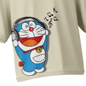 Off-white oversized unisex T-shirt with Doraemon-inspired music graphic and quote - KLOCH
