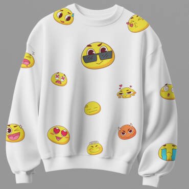 White unisex cotton sweatshirt with all over emoji print 300 gsm streetwear style