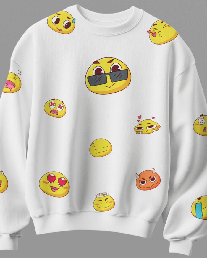 White unisex cotton sweatshirt with all over emoji print 300 gsm streetwear style