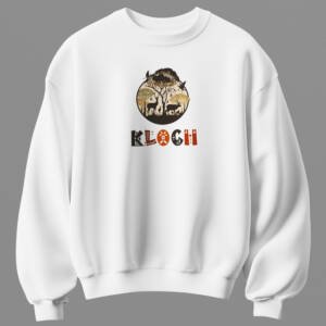 White unisex cotton sweatshirt with forest wildlife graphic and KLOCH logo 300 gsm nature inspired streetwear