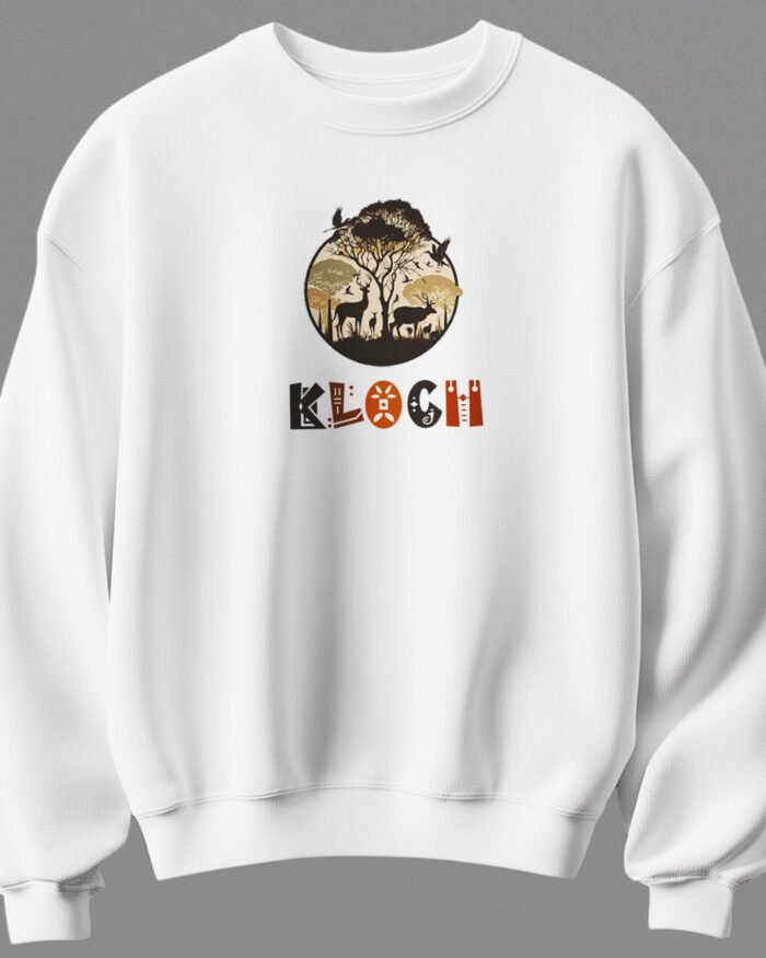 White unisex cotton sweatshirt with forest wildlife graphic and KLOCH logo 300 gsm nature inspired streetwear