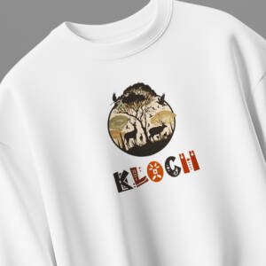 White unisex cotton sweatshirt with forest wildlife graphic and KLOCH logo 300 gsm nature inspired streetwear