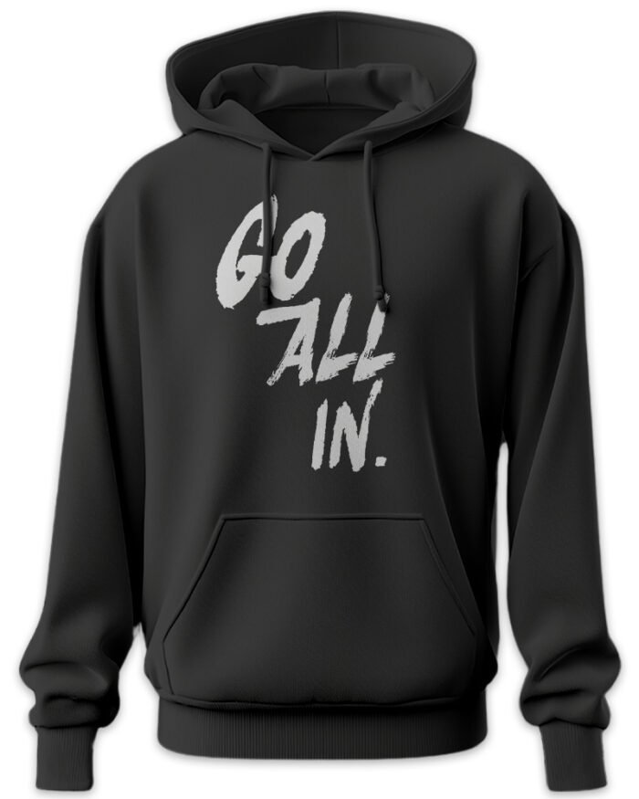 Black unisex cotton hoodie with go all in motivational text 300 gsm streetwear style