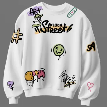 White unisex cotton sweatshirt with graffiti street art print 300 gsm streetwear style