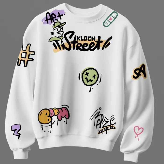 White unisex cotton sweatshirt with graffiti street art print 300 gsm streetwear style