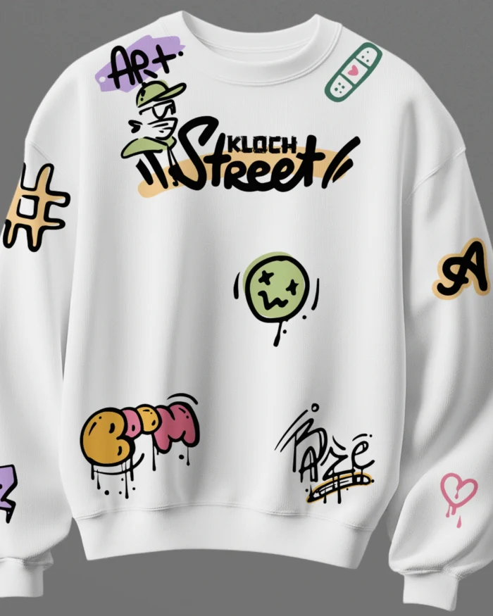 White unisex cotton sweatshirt with graffiti street art print 300 gsm streetwear style