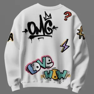 White unisex cotton sweatshirt with graffiti street art print 300 gsm streetwear style