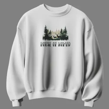 White unisex cotton sweatshirt with house of nomad forest and deer print 300 gsm streetwear style