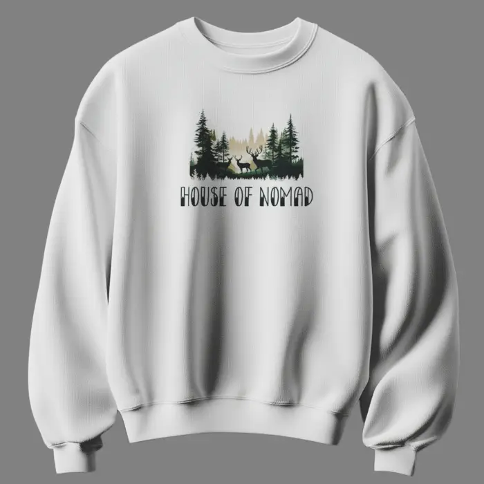White unisex cotton sweatshirt with house of nomad forest and deer print 300 gsm streetwear style