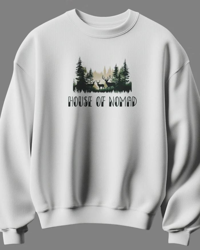 White unisex cotton sweatshirt with house of nomad forest and deer print 300 gsm streetwear style