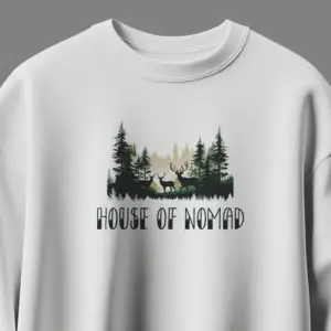 White unisex cotton sweatshirt with house of nomad forest and deer print 300 gsm streetwear style