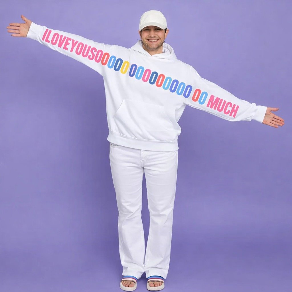 Man wearing a white unisex hoodie with a colorful “I LOVE YOU SOOOOO MUCH” graphic printed across the sleeves and chest, standing with arms wide open.