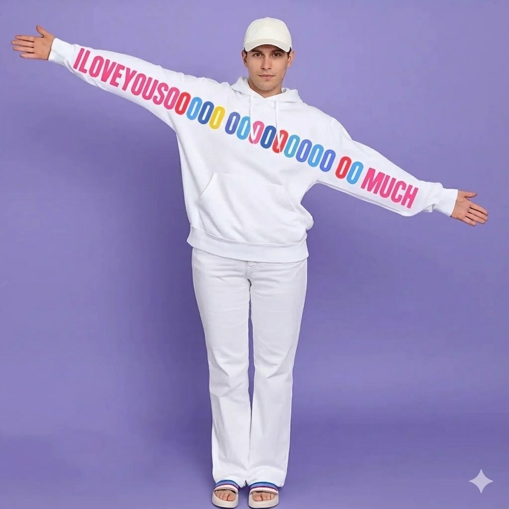 Man wearing a white unisex hoodie with a colorful “I LOVE YOU SOOOOO MUCH” graphic printed across the sleeves and chest, standing with arms wide open.