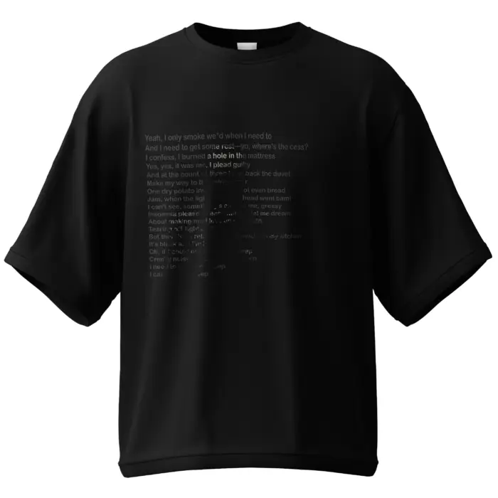 Black Unisex Oversized Tee with Insomnia-inspired tonal lyrics print - KLOCH