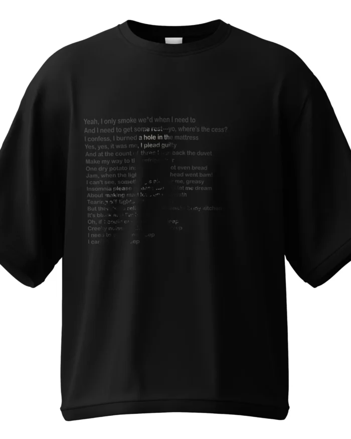 Black Unisex Oversized Tee with Insomnia-inspired tonal lyrics print - KLOCH