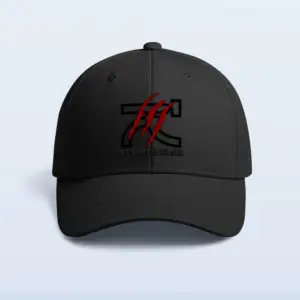 Black embroidered streetwear cap with KLOCH stripes club logo made from cotton drill fabric