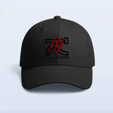 Black embroidered streetwear cap with KLOCH stripes club logo made from cotton drill fabric