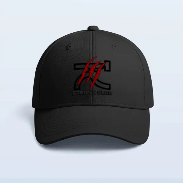 Black embroidered streetwear cap with KLOCH stripes club logo made from cotton drill fabric