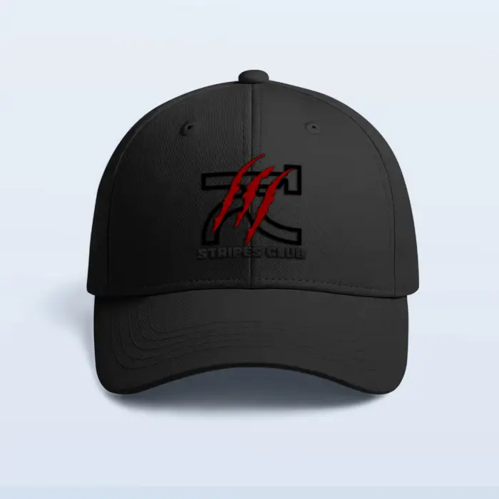 Black embroidered streetwear cap with KLOCH stripes club logo made from cotton drill fabric