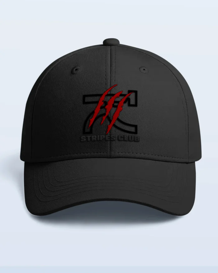 Black embroidered streetwear cap with KLOCH stripes club logo made from cotton drill fabric