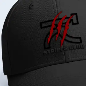 Black embroidered streetwear cap with KLOCH stripes club logo made from cotton drill fabric