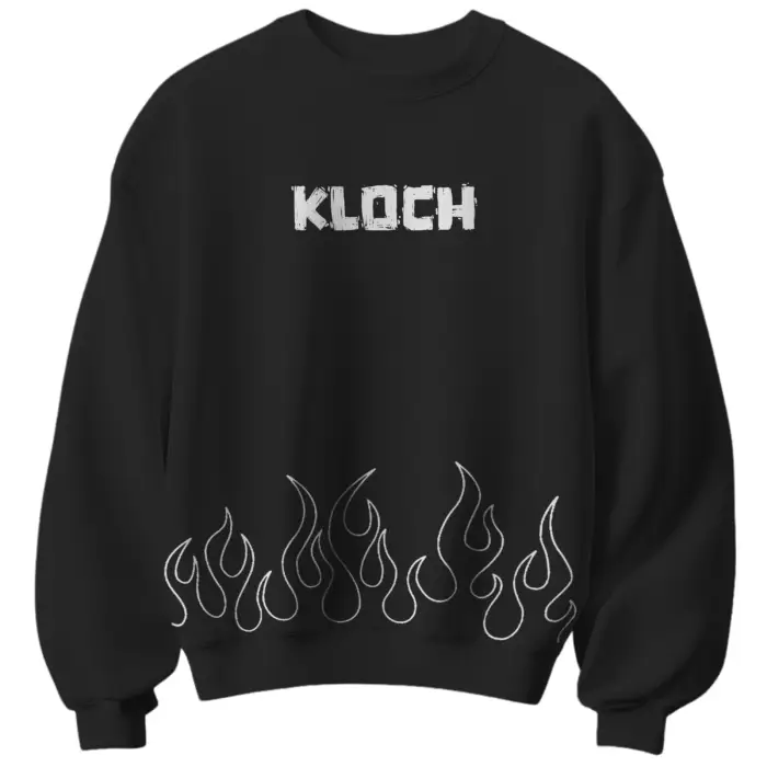 Black unisex cotton sweatshirt with KLOCH logo and flame design 300 gsm streetwear style