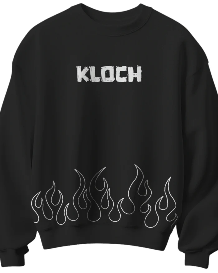 Black unisex cotton sweatshirt with KLOCH logo and flame design 300 gsm streetwear style