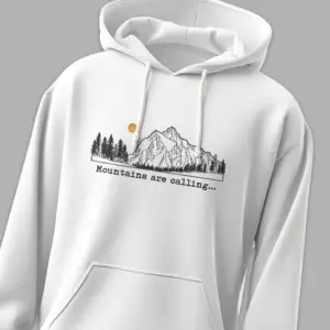 White unisex cotton hoodie with mountain illustration and mountains are calling text 300 gsm travel streetwear style