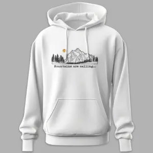 White unisex cotton hoodie with mountain illustration and mountains are calling text 300 gsm travel streetwear style