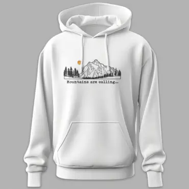 White unisex cotton hoodie with mountain illustration and mountains are calling text 300 gsm travel streetwear style
