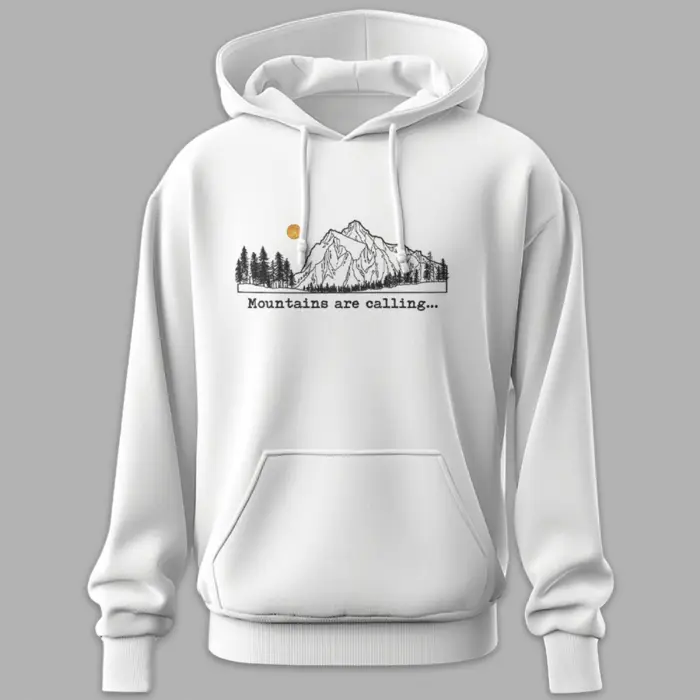 White unisex cotton hoodie with mountain illustration and mountains are calling text 300 gsm travel streetwear style