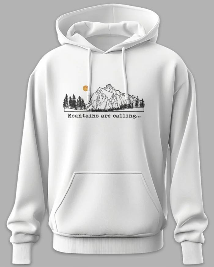 White unisex cotton hoodie with mountain illustration and mountains are calling text 300 gsm travel streetwear style