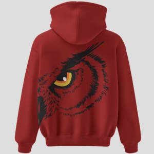Red unisex cotton hoodie with night watcher text and owl eye graphic 300 gsm streetwear style