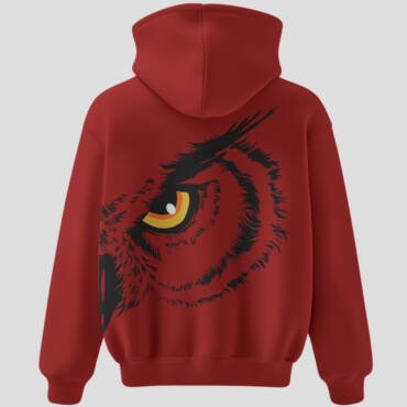 Red unisex cotton hoodie with night watcher text and owl eye graphic 300 gsm streetwear style