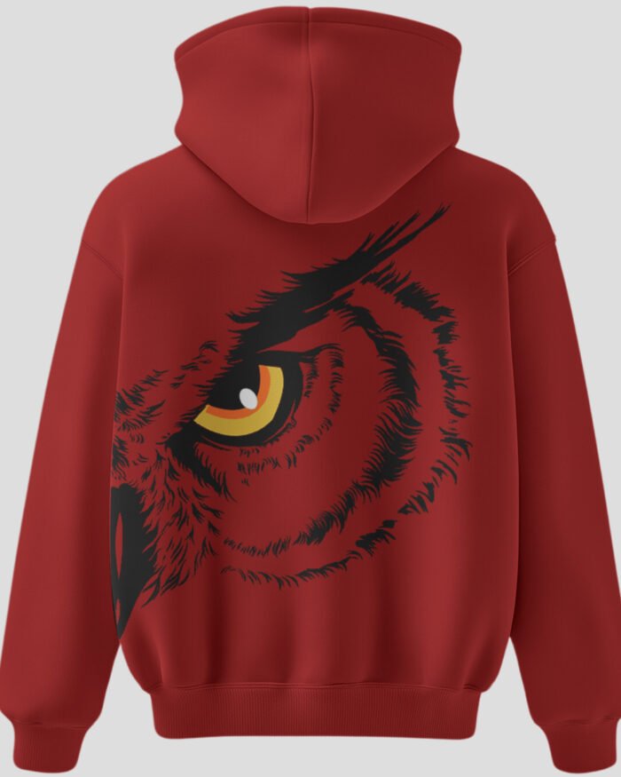 Red unisex cotton hoodie with night watcher text and owl eye graphic 300 gsm streetwear style