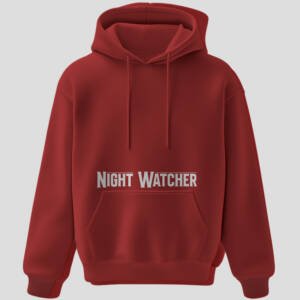 Red unisex cotton hoodie with night watcher text and owl eye graphic 300 gsm streetwear style