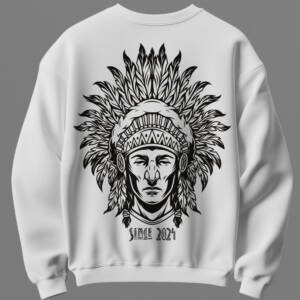 White unisex cotton sweatshirt with tribal warrior back print and nomad front print 300 gsm streetwear style
