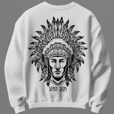 White unisex cotton sweatshirt with tribal warrior back print and nomad front print 300 gsm streetwear style
