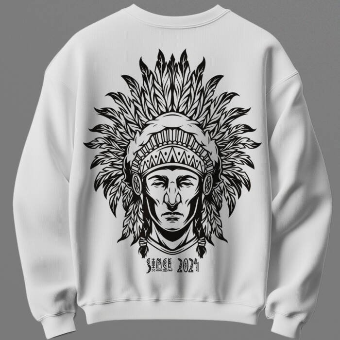 White unisex cotton sweatshirt with tribal warrior back print and nomad front print 300 gsm streetwear style